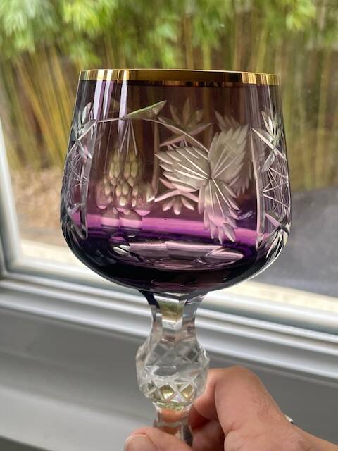 2 large cut and coloured Bohemian crystal glasses