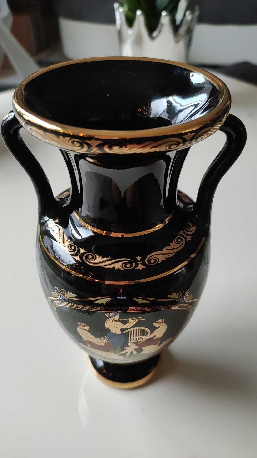 Vase Ancient Greek Amphora stamped. Motifs scenes of life from Greek mythology. Gold inlays