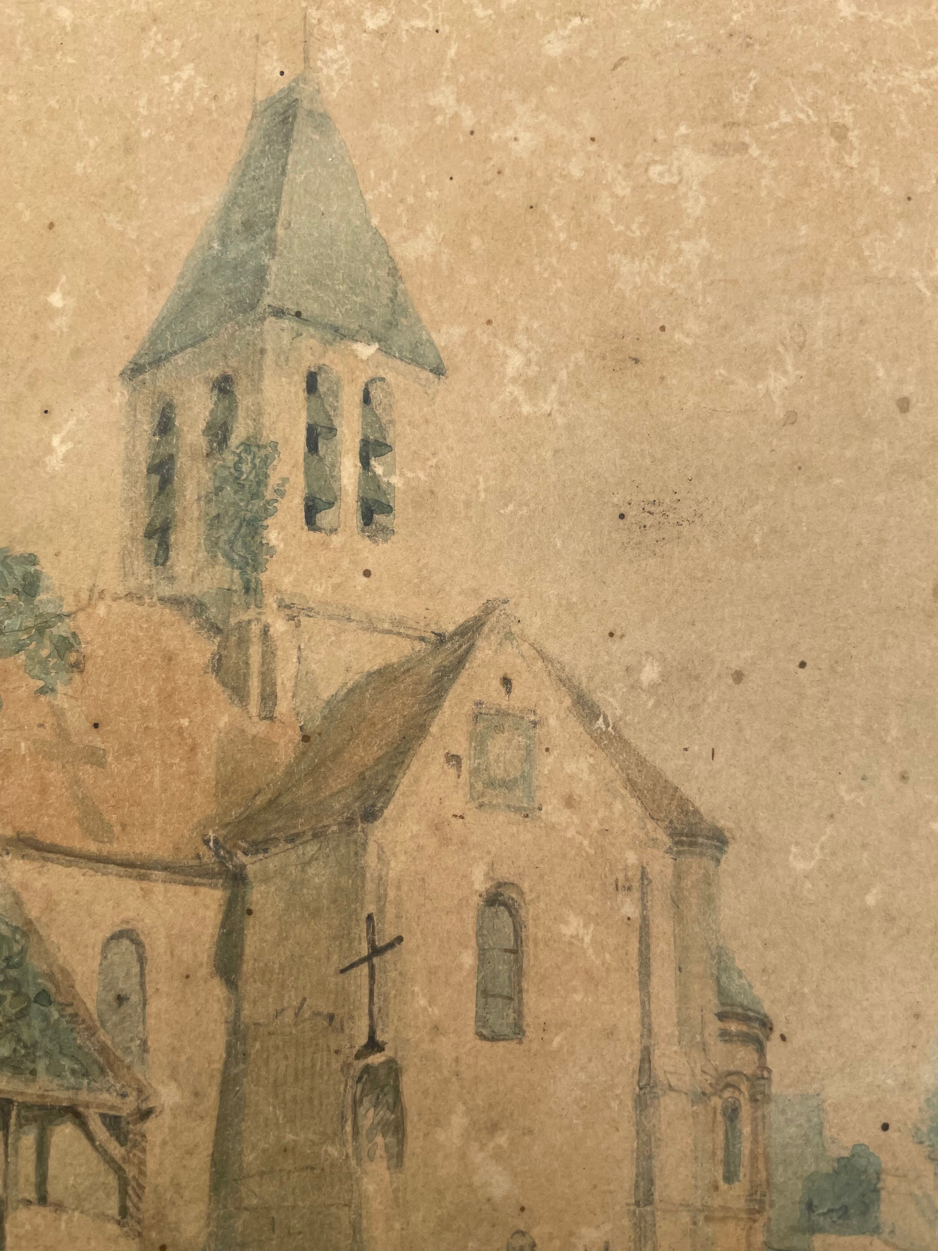 Painting landscape church Germigny-des-Prés 1854