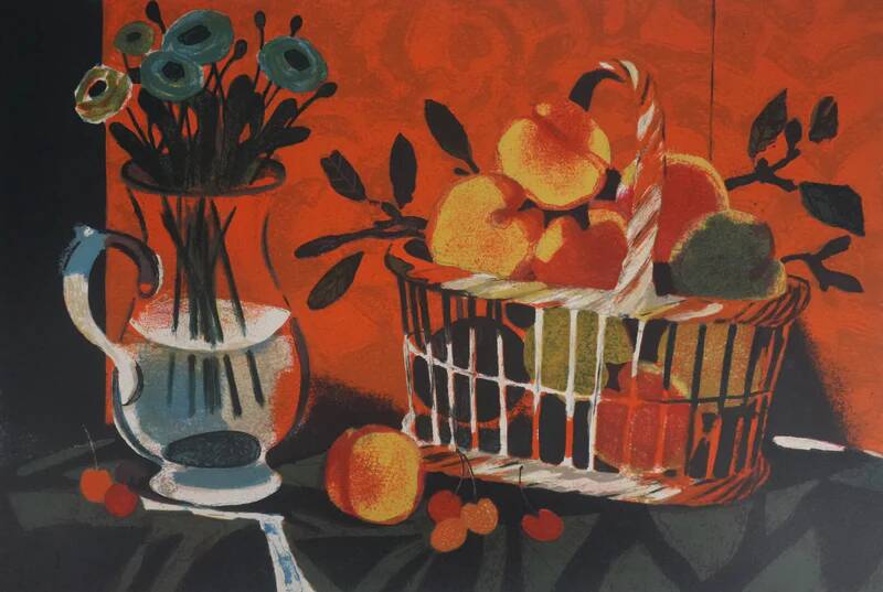 Yves Ganne : Le panier de pêches, lithographie originale signée