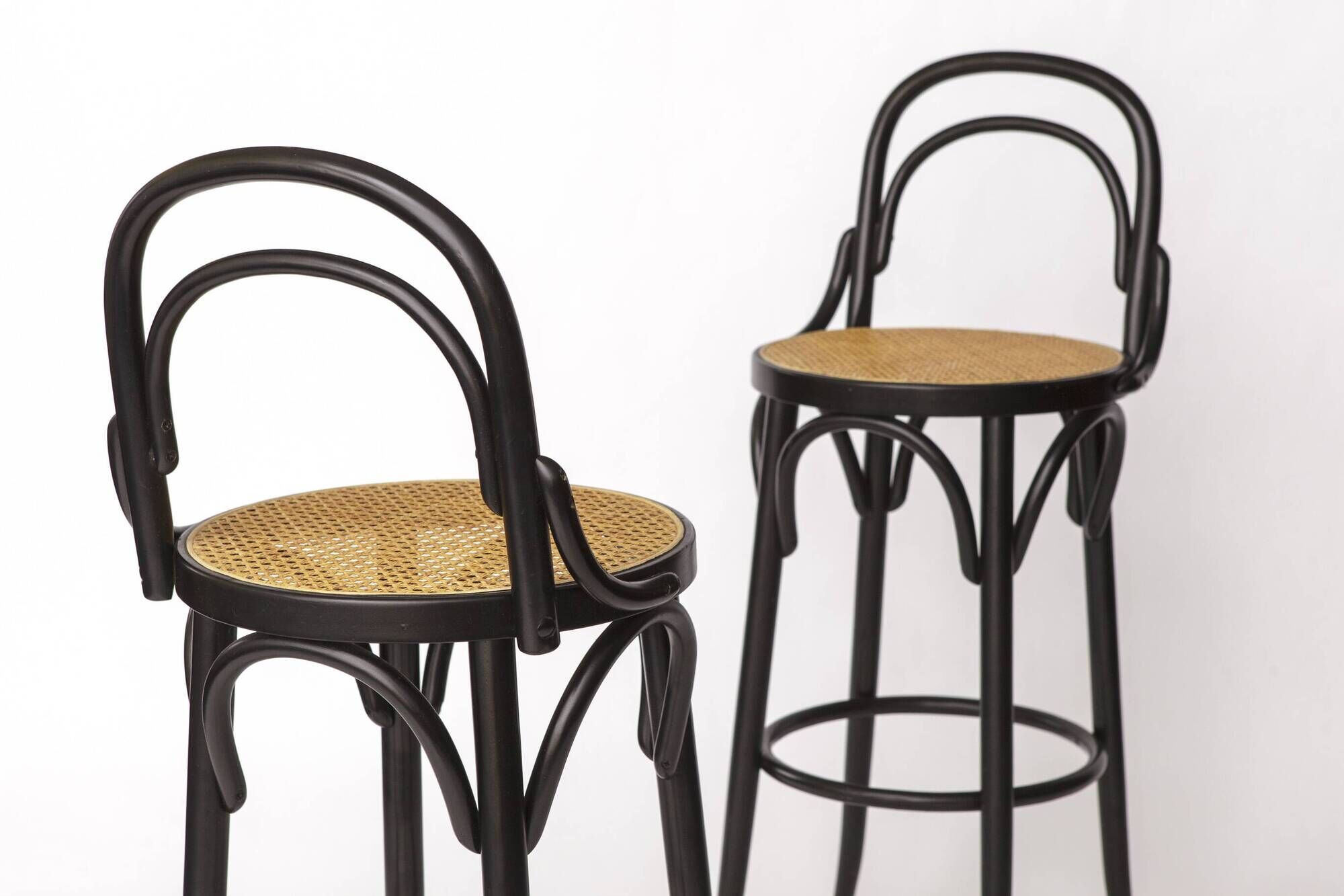 Pair of Bentwood Bar Stools with Vienna Cane Seats – Thonet Style, Black