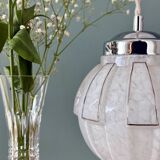 Vintage art deco globe pendant light in white and silver Clichy glass