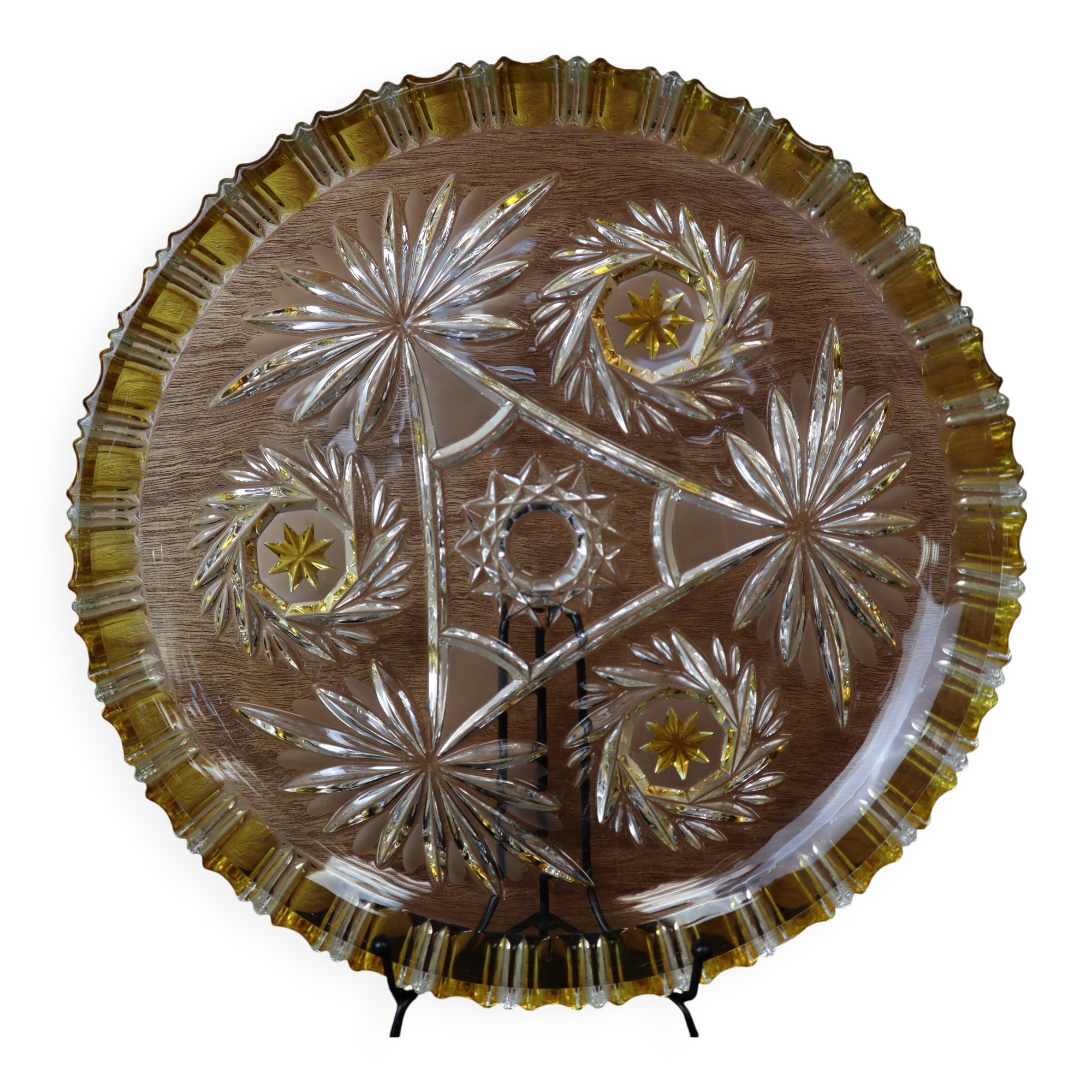 Walther Glas Bohemian crystal dish with yellow and flower pattern