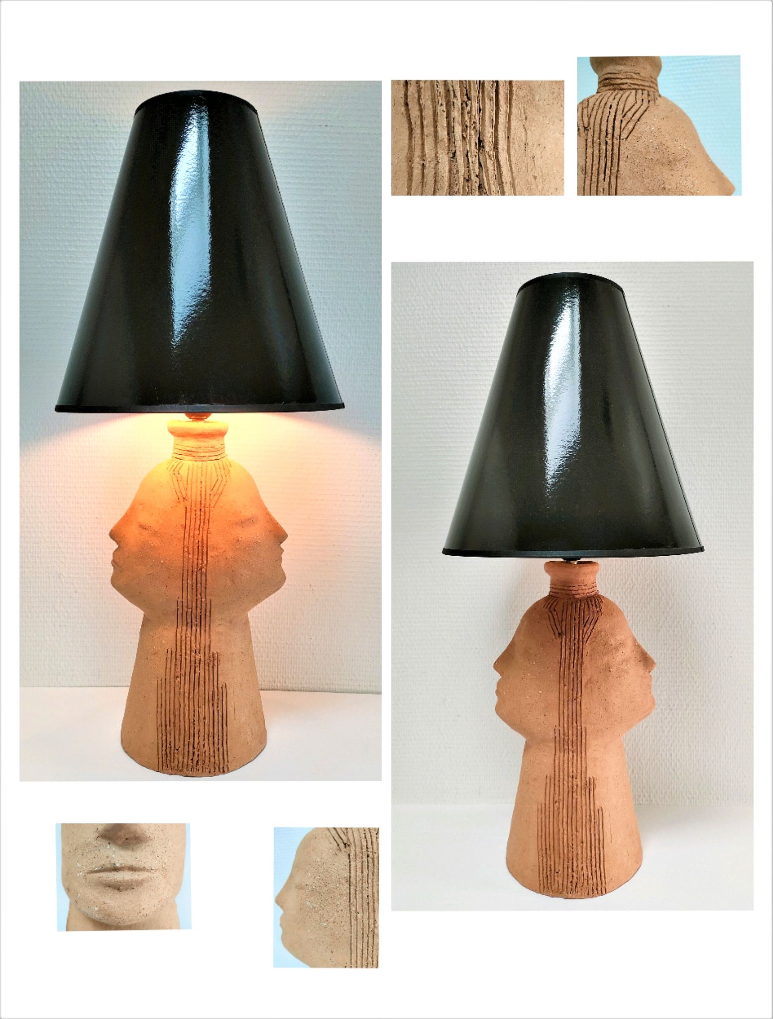 Anthropomorphic lamp foot depicting two faces terracotta design 80s