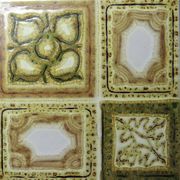 Vintage ceramic and wooden trivet, circa 1960-1970.
