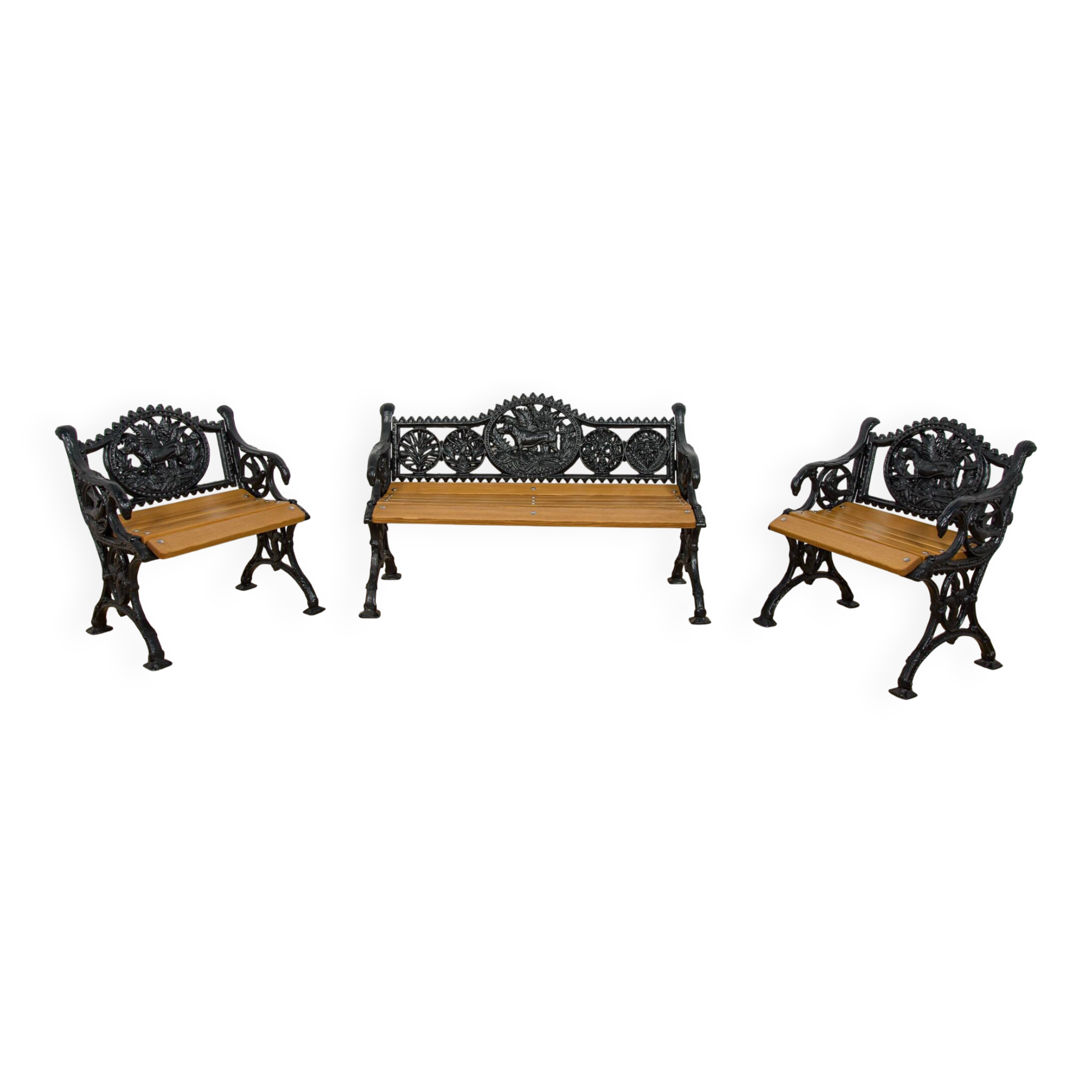 Ensemble de jardin en fonte victorien – Banc et deux fauteuils, Royaume-Uni, fin du 19e / début du 20e siècle