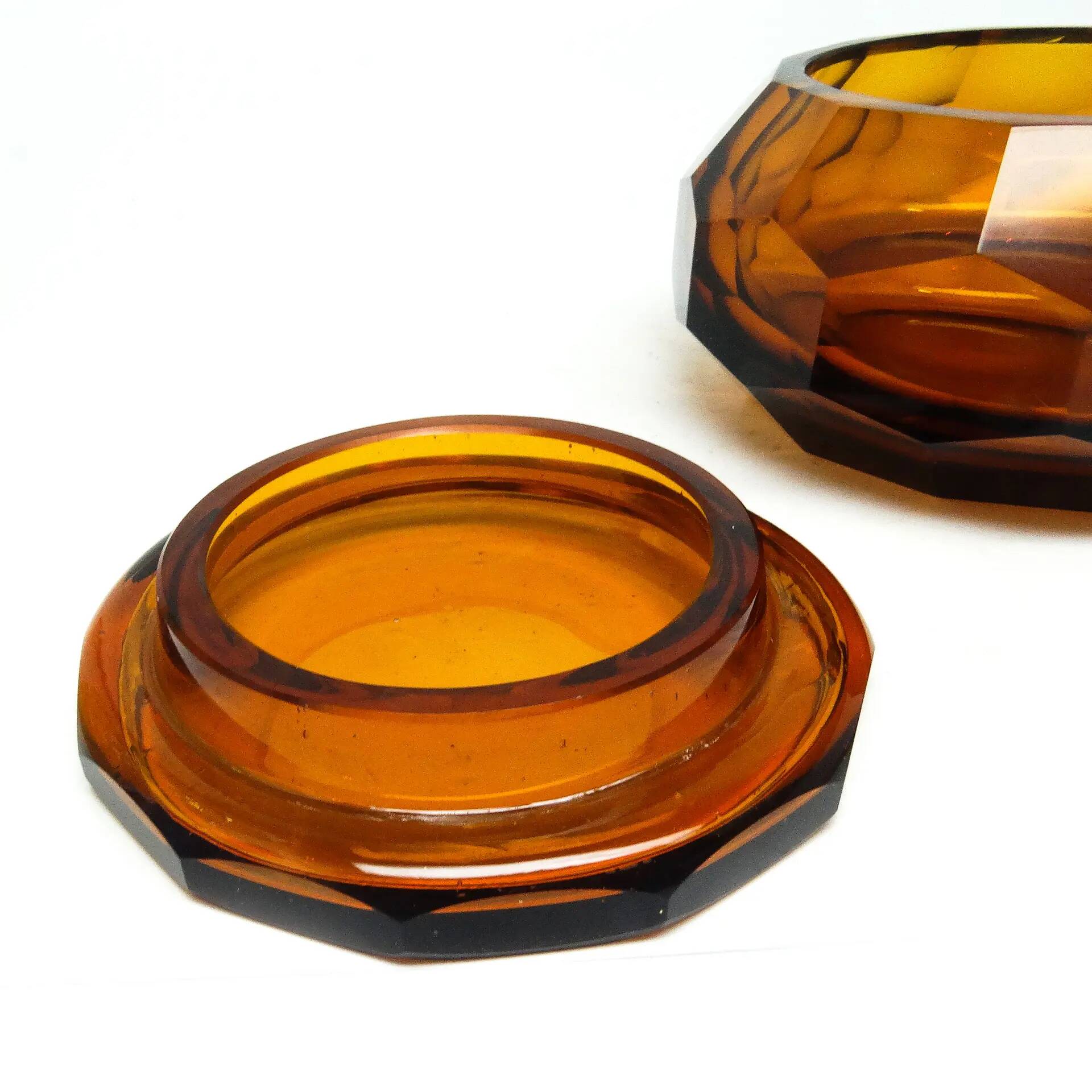 Art Deco bonbonniere, honey crystal, Moser, Czechoslovakia, 1930s