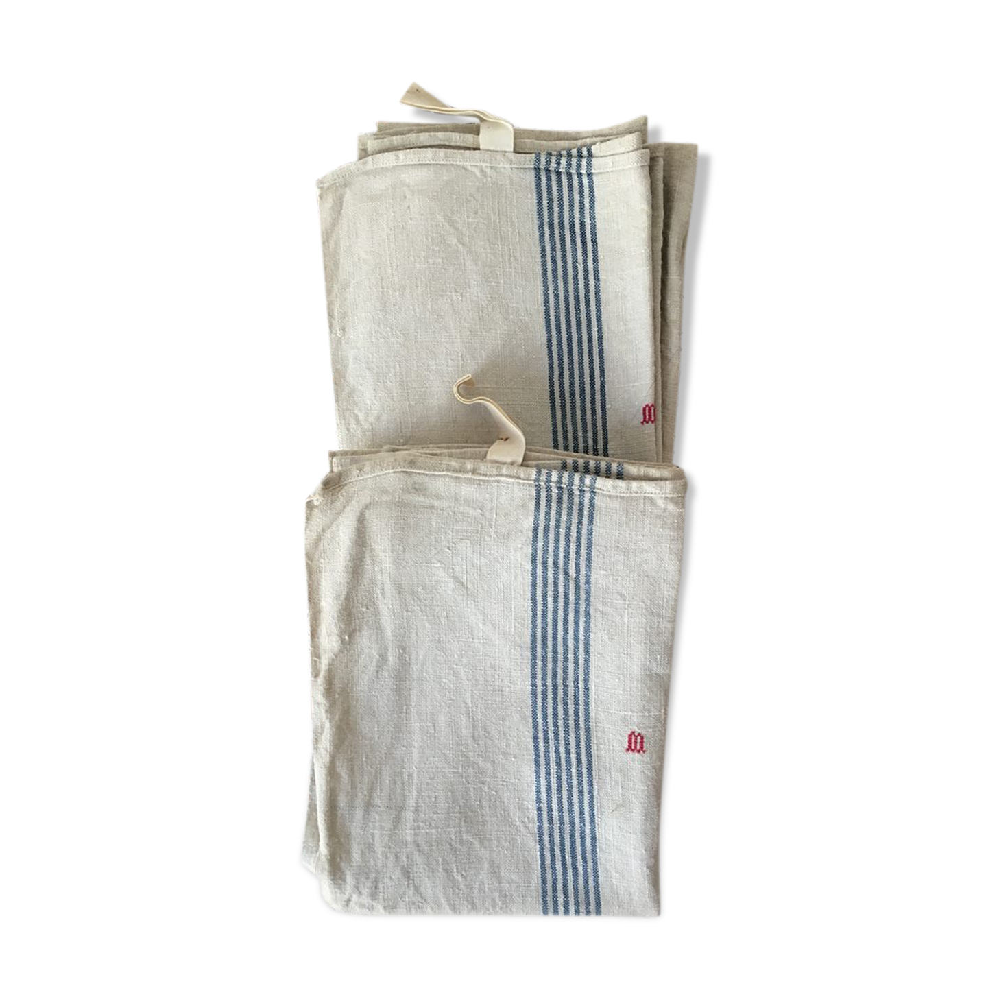 Pair of old dishcloths at marked blue stripes m.
