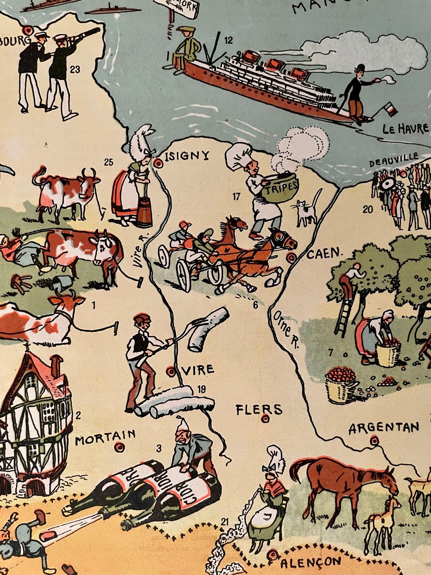 Old poster illustrated map of Normandy 1947 - JP Pinchon