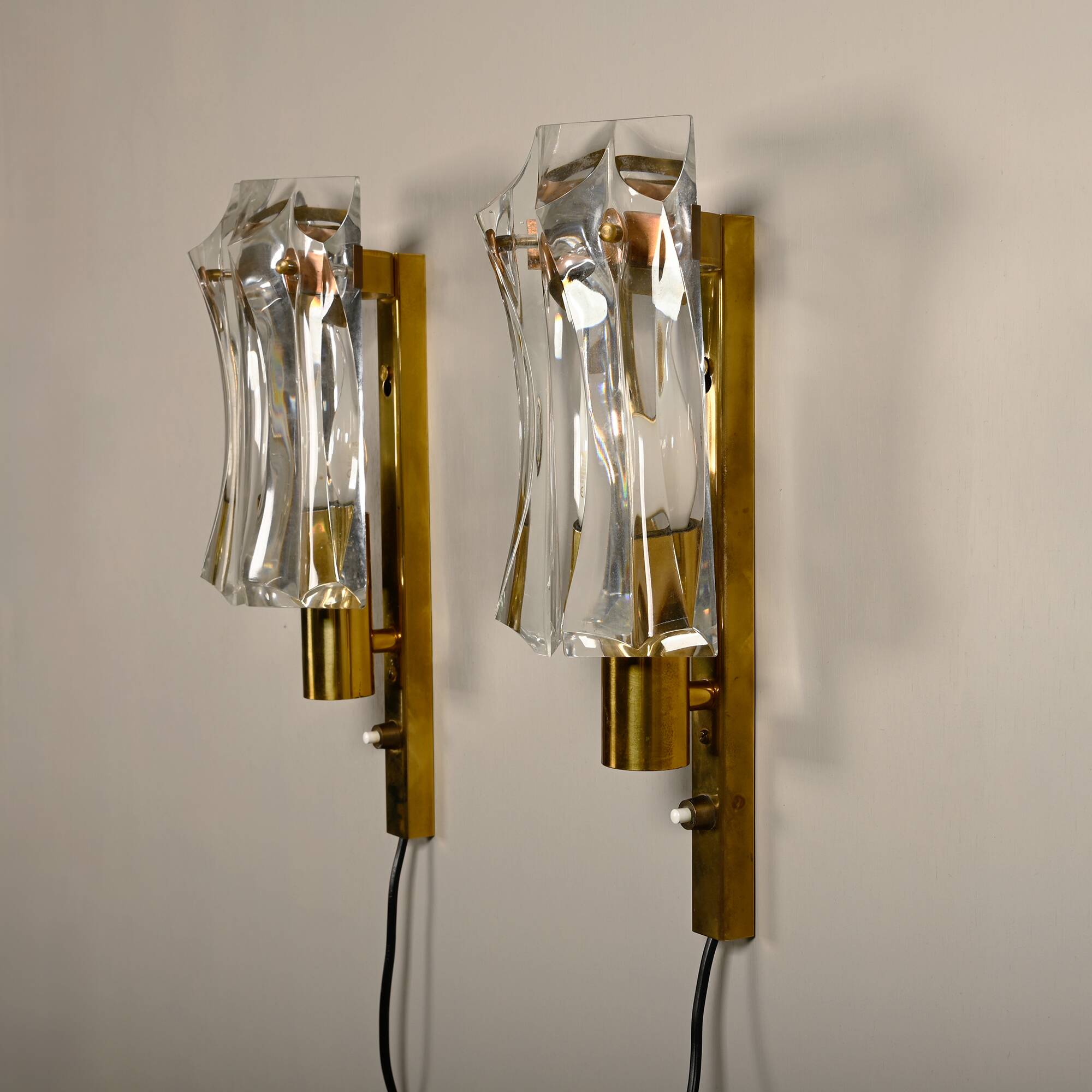 Set of vintage Danish Modern Brass and Glass Wall Sconces, 1970's