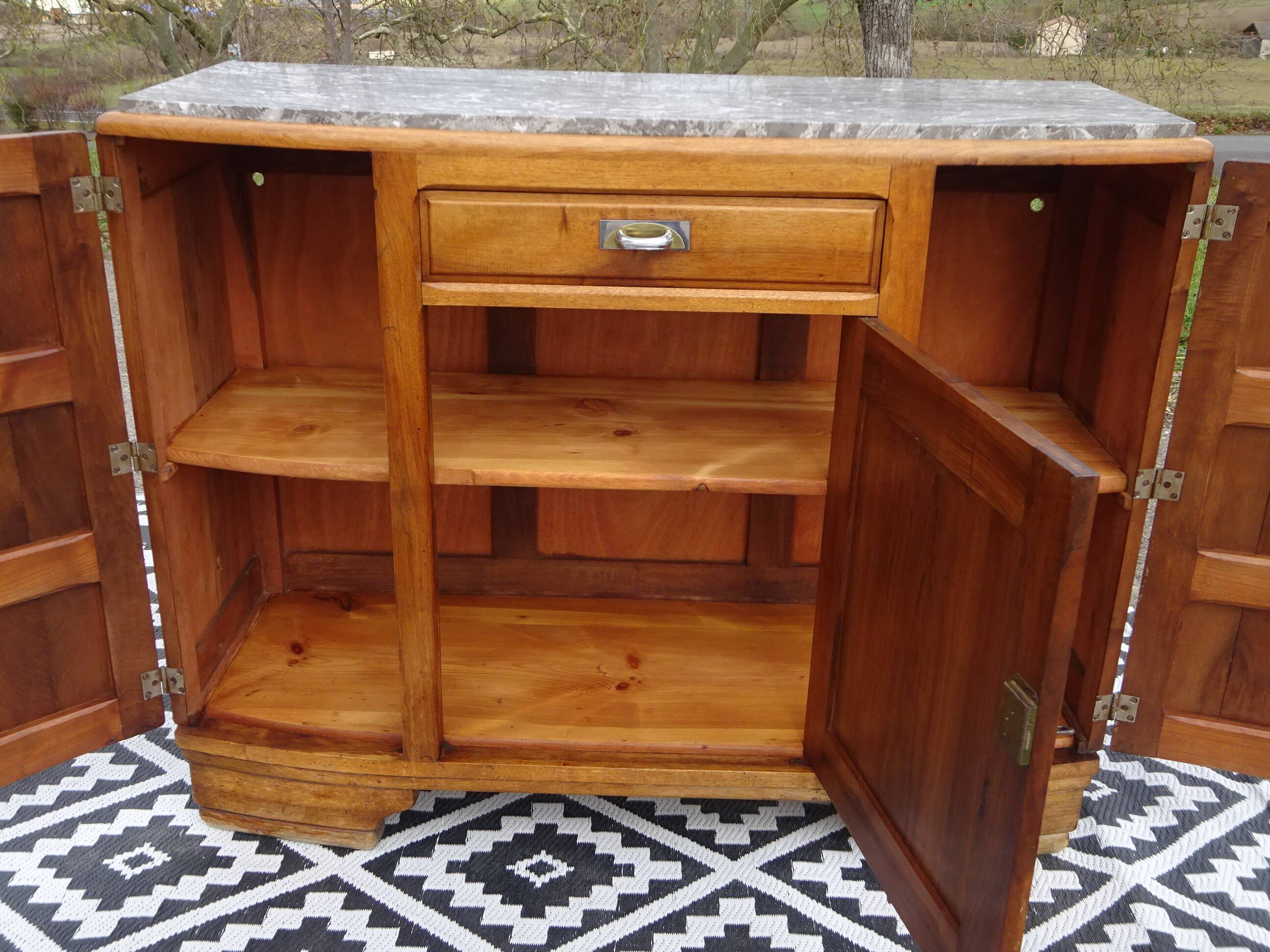 Art Deco sideboard in light walnut, grey/white marble