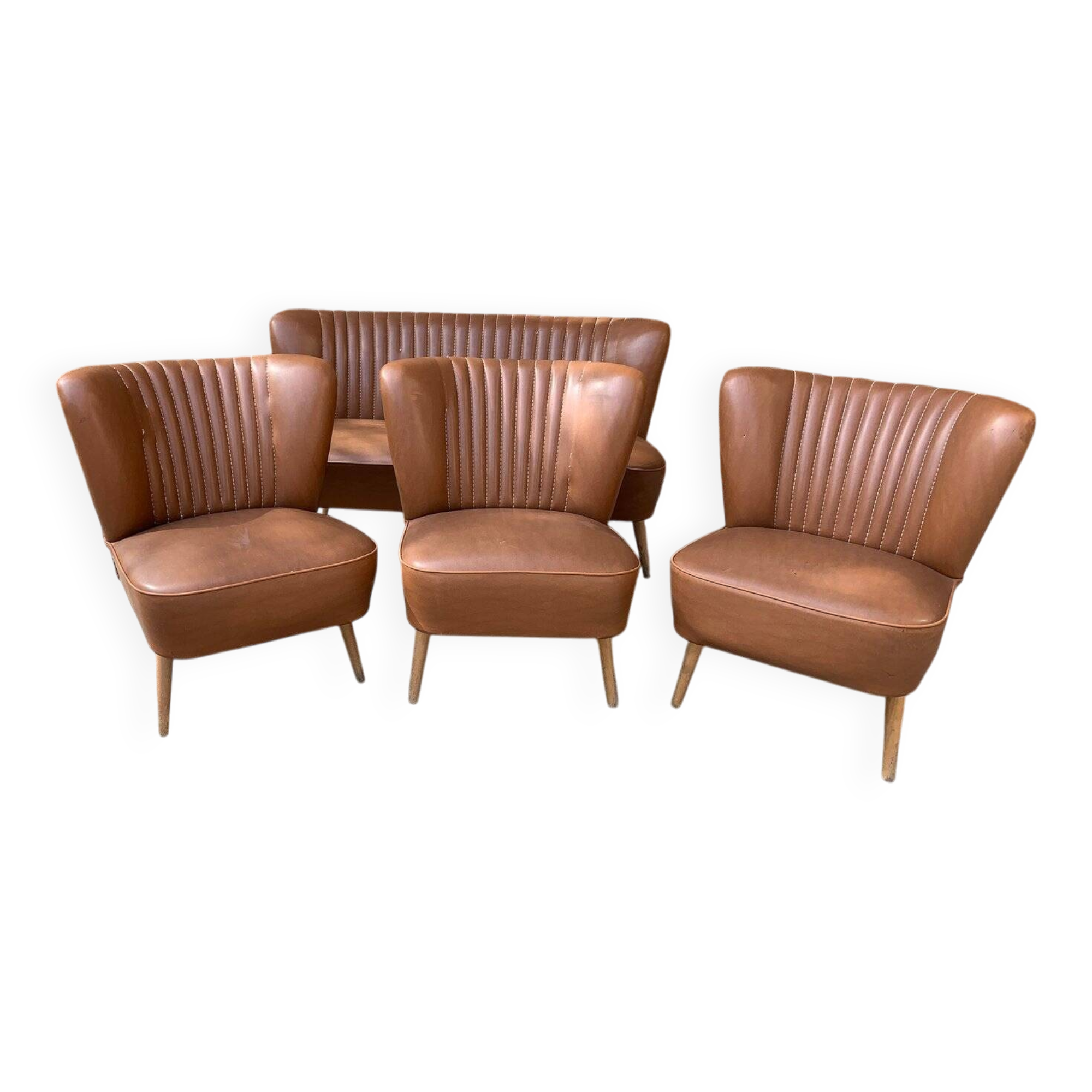 Set vintage années 1950 marron en hêtre et vinyle — 3 chaises cocktail + petit canapé