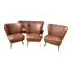 Set vintage années 1950 marron en hêtre et vinyle — 3 chaises cocktail + petit canapé