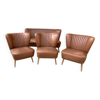 Vintage set from the 1950s in brown beech and vinyl — 3 cocktail chairs + small sofa.