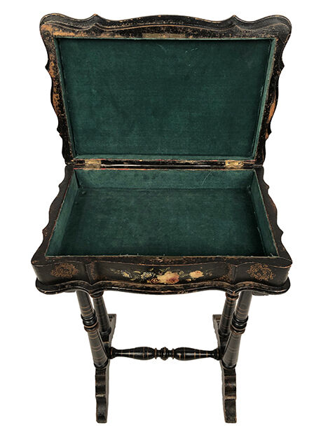 Small table with Napoleon III work, wood and boiled cardboard decorated with flowers painted with flowers