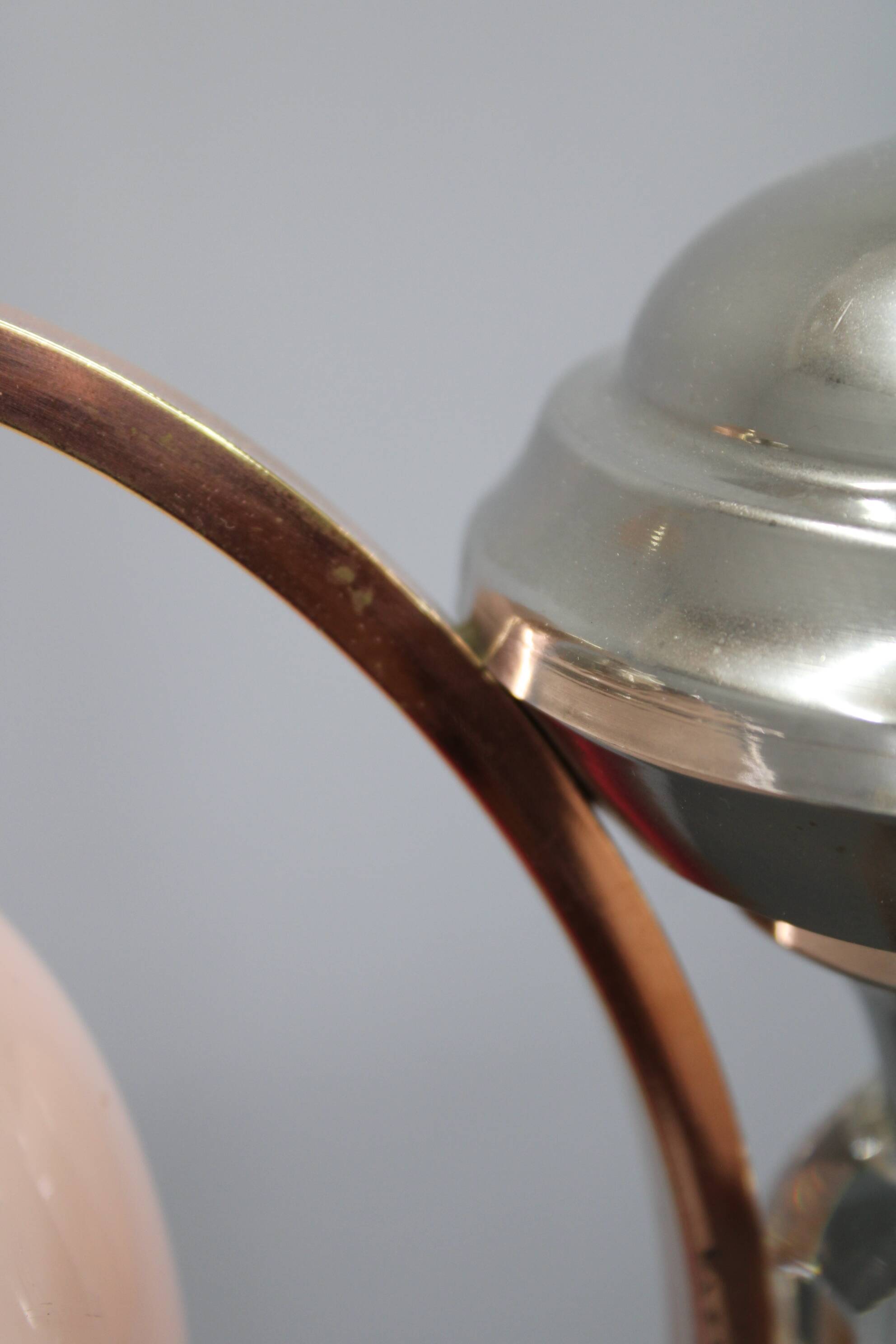 1930s Czechoslovak Art Deco nickel chandelier with rose opaline glass globes