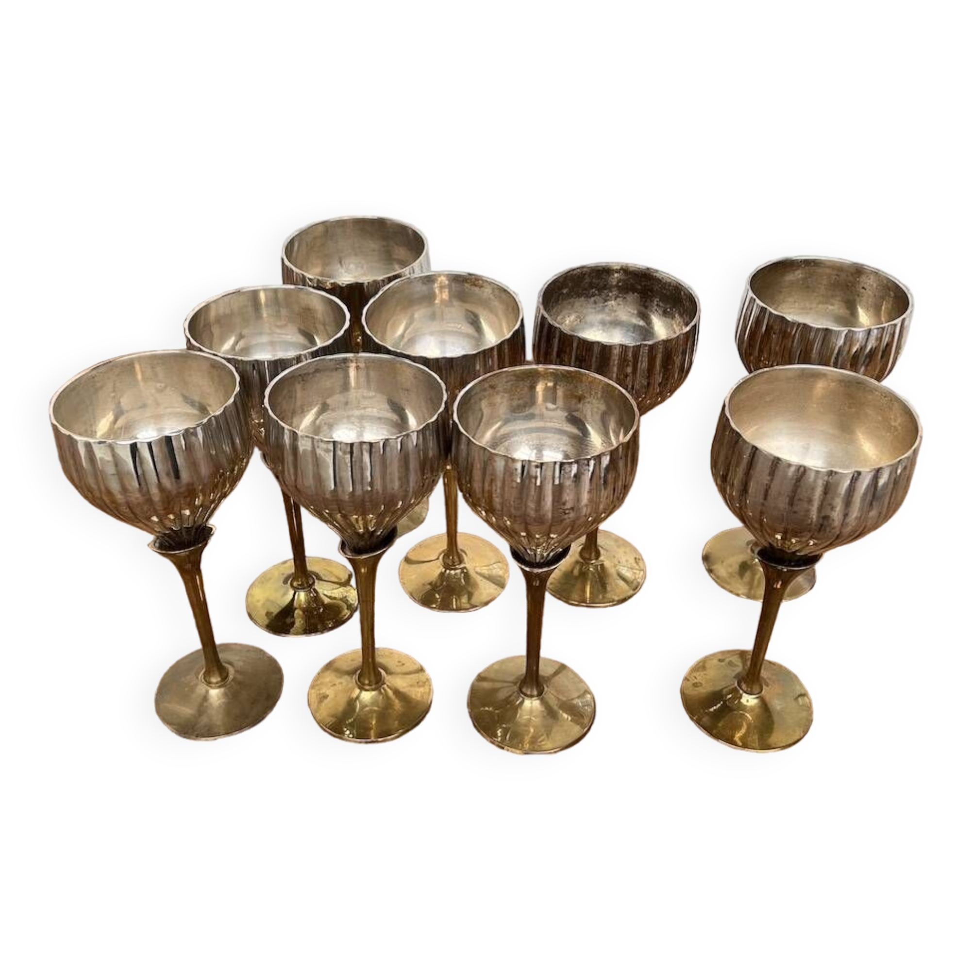 9 old glasses in silver metal and brass