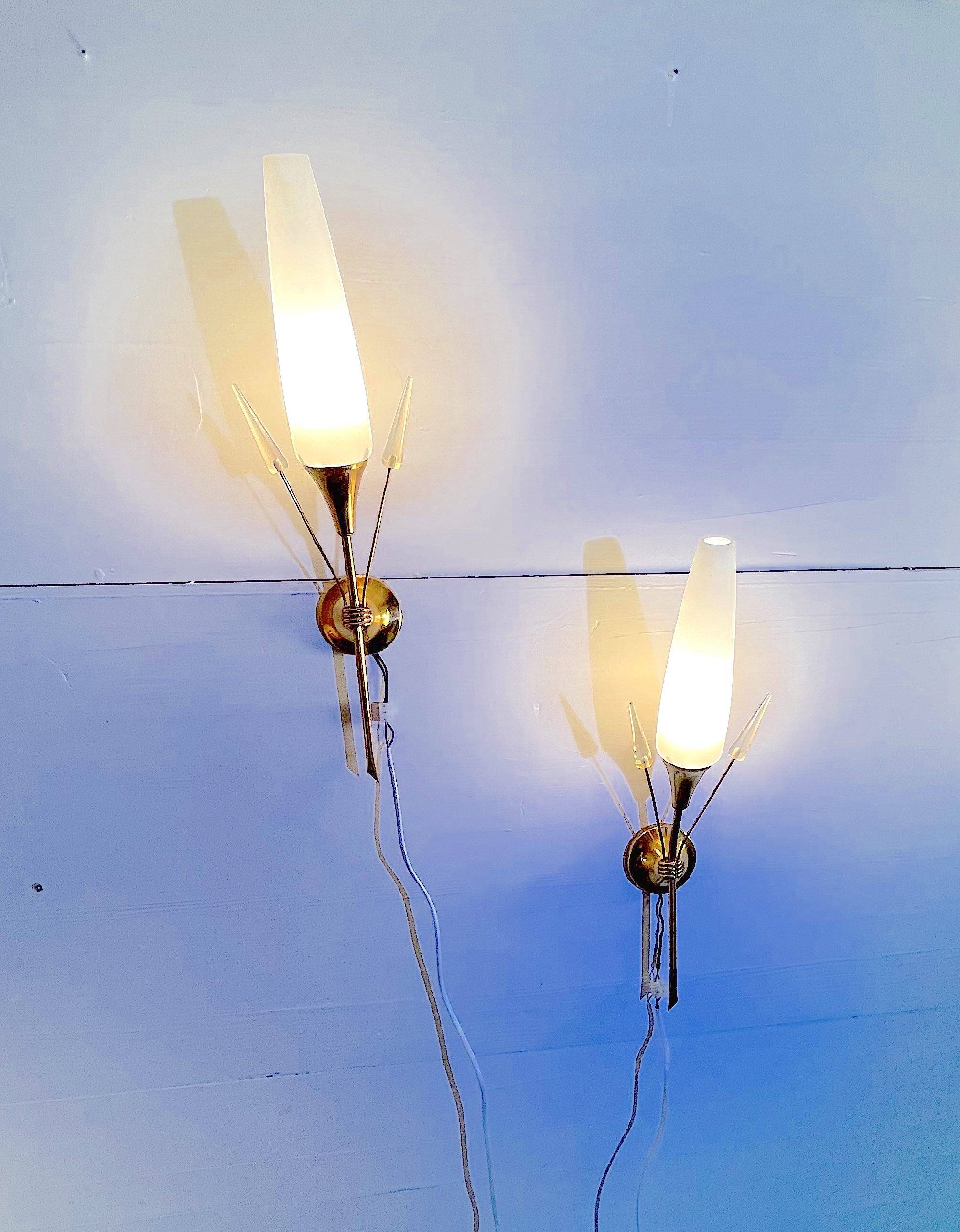 Pair of brass and opaline sconces, Maison Arlus, France, Mid-Century