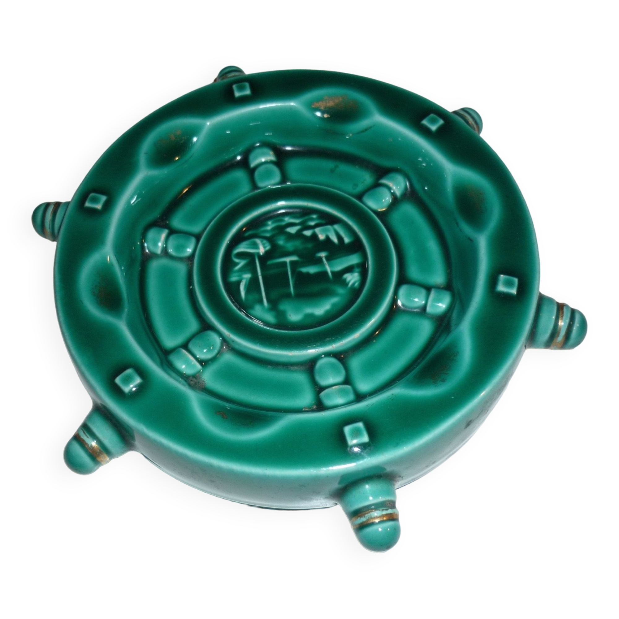 Vallauris green and gold boat wheel ashtray