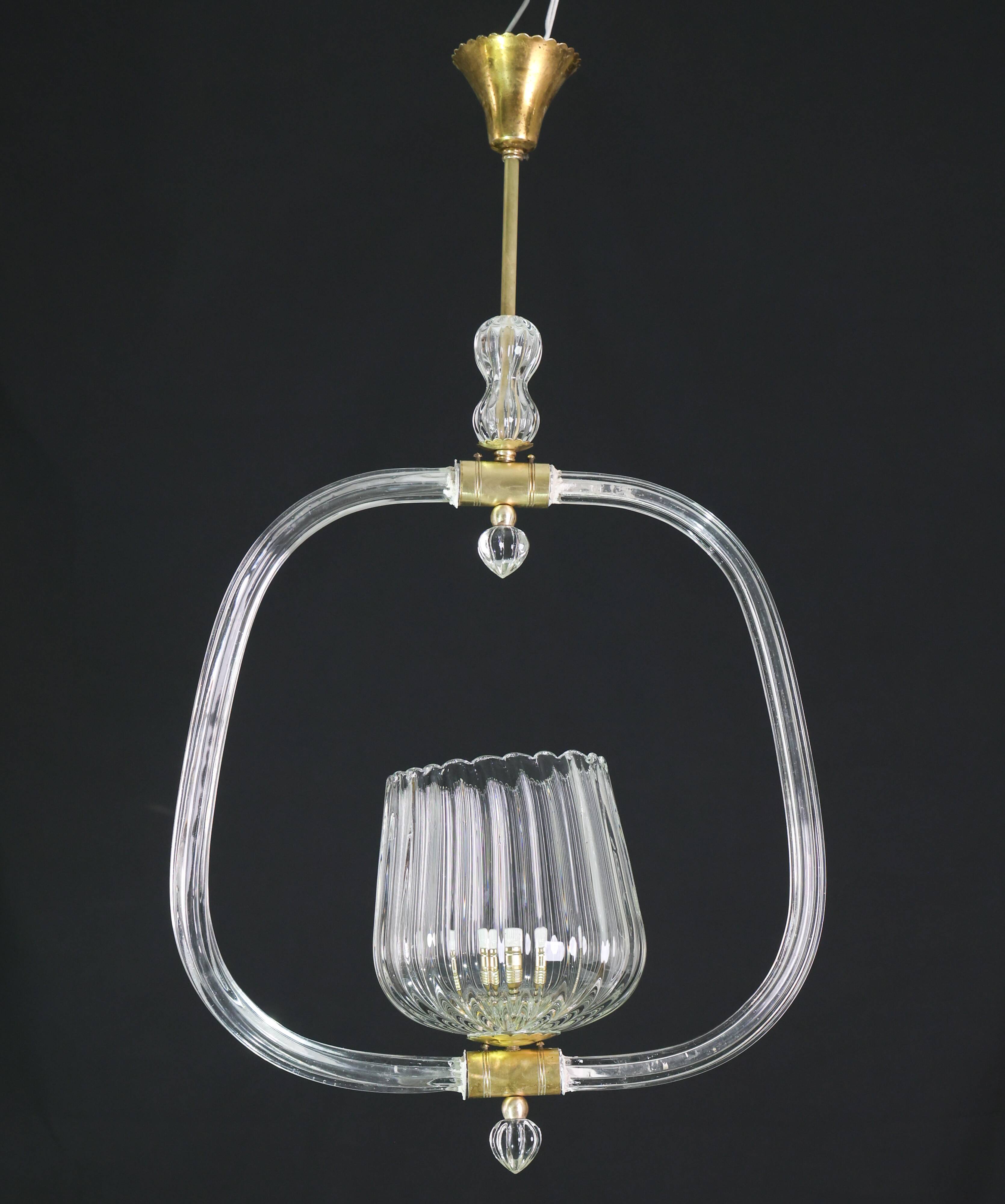 Charming Murano Glass Art Deco Pendant Chandelier by Ercole Barovier, 1940s