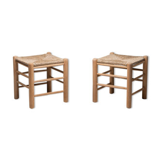 Pair of Stools in Solid Oak and Wicker, 1960's