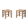 Pair of Stools in Solid Oak and Wicker, 1960's