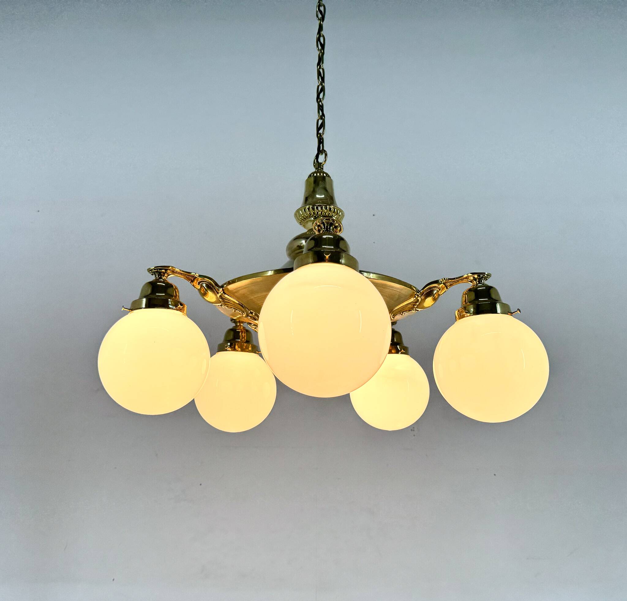 Large Art Deco Bras Chandelier, Restored