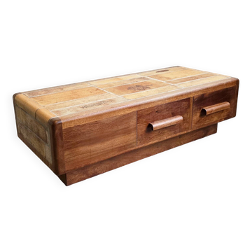 Vintage 1970 coffee table in solid oak & ceramic