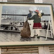 Old Color Print Sailor Children On The Naval Port + Green Wood Frame #B540