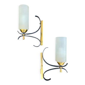 Pair of vintage wall lamps 1950-60 arlus metal and glass