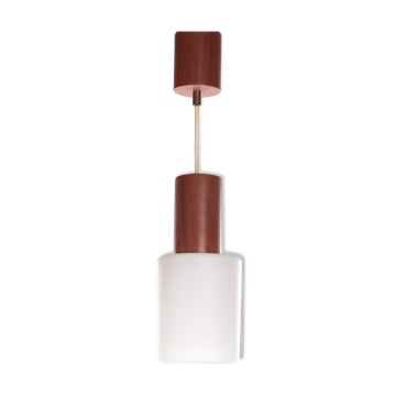 Vintage Louis Kalff hanging lamp teak / opal glass, 1950s