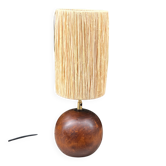 Lampe boule en bois vintage 70 et abat-jour en raphia - Design scandinave
