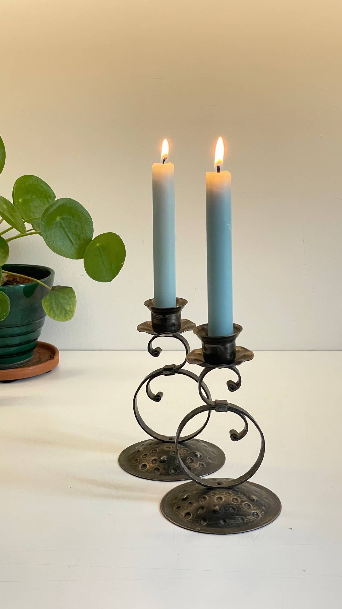 Vintage Black Patina Metal Candlesticks