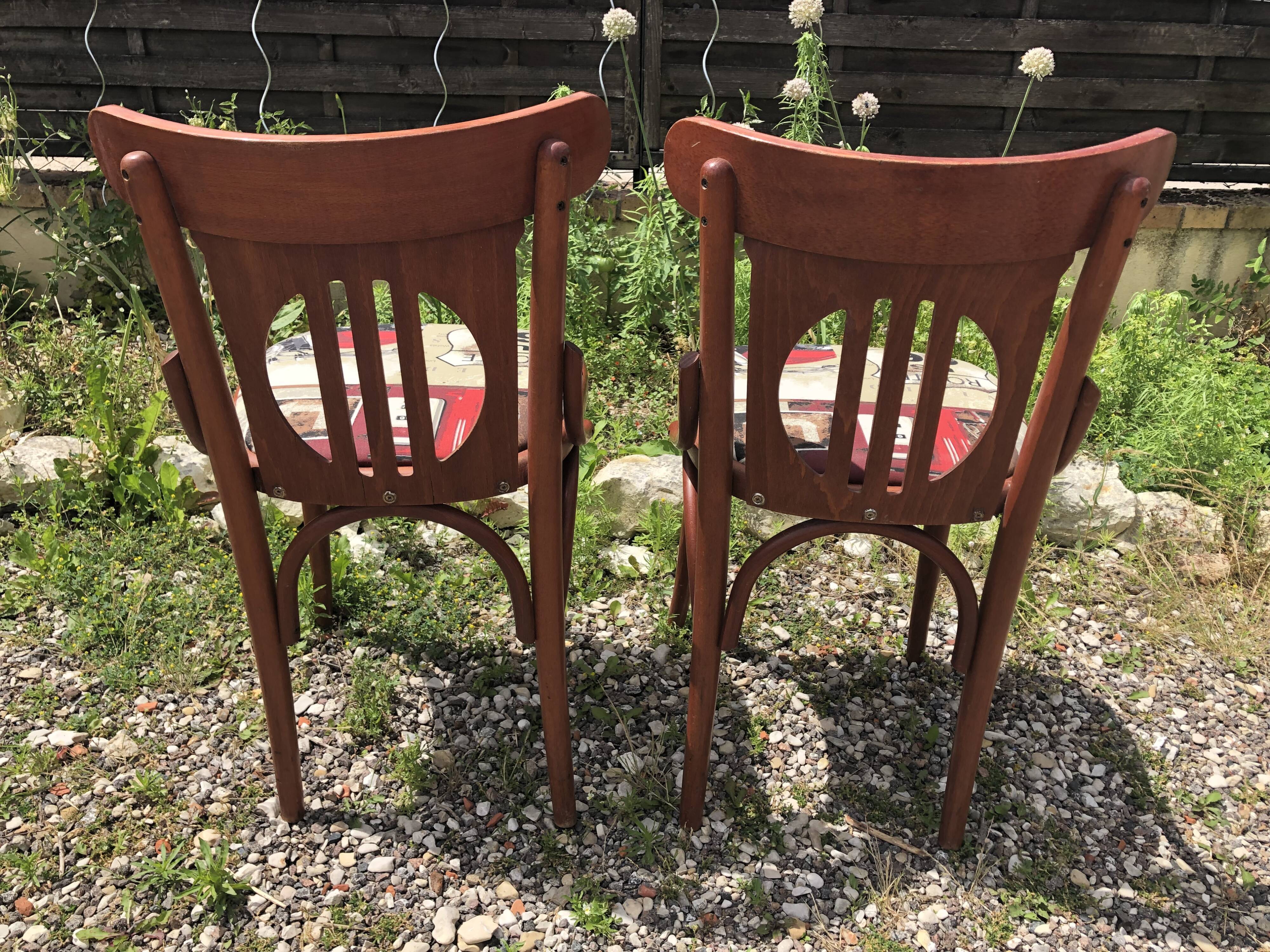Pair of vintage bentwood chair + route 66 fabric seat