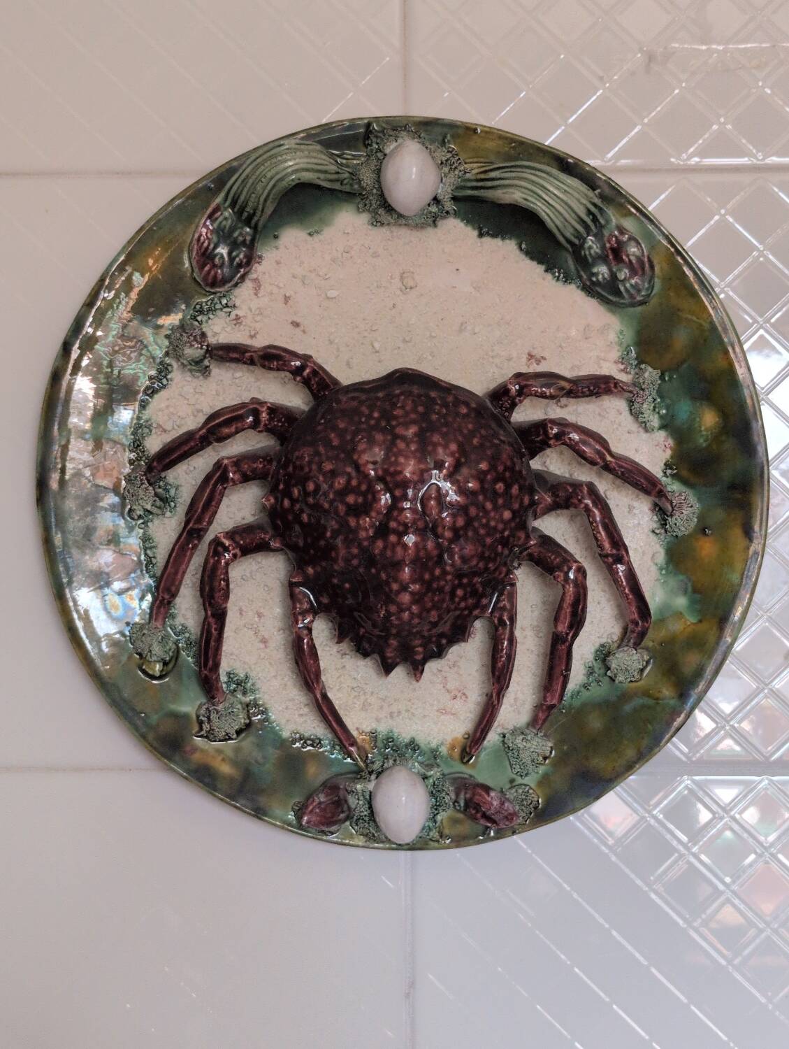 Barbotine earthenware crab plate
