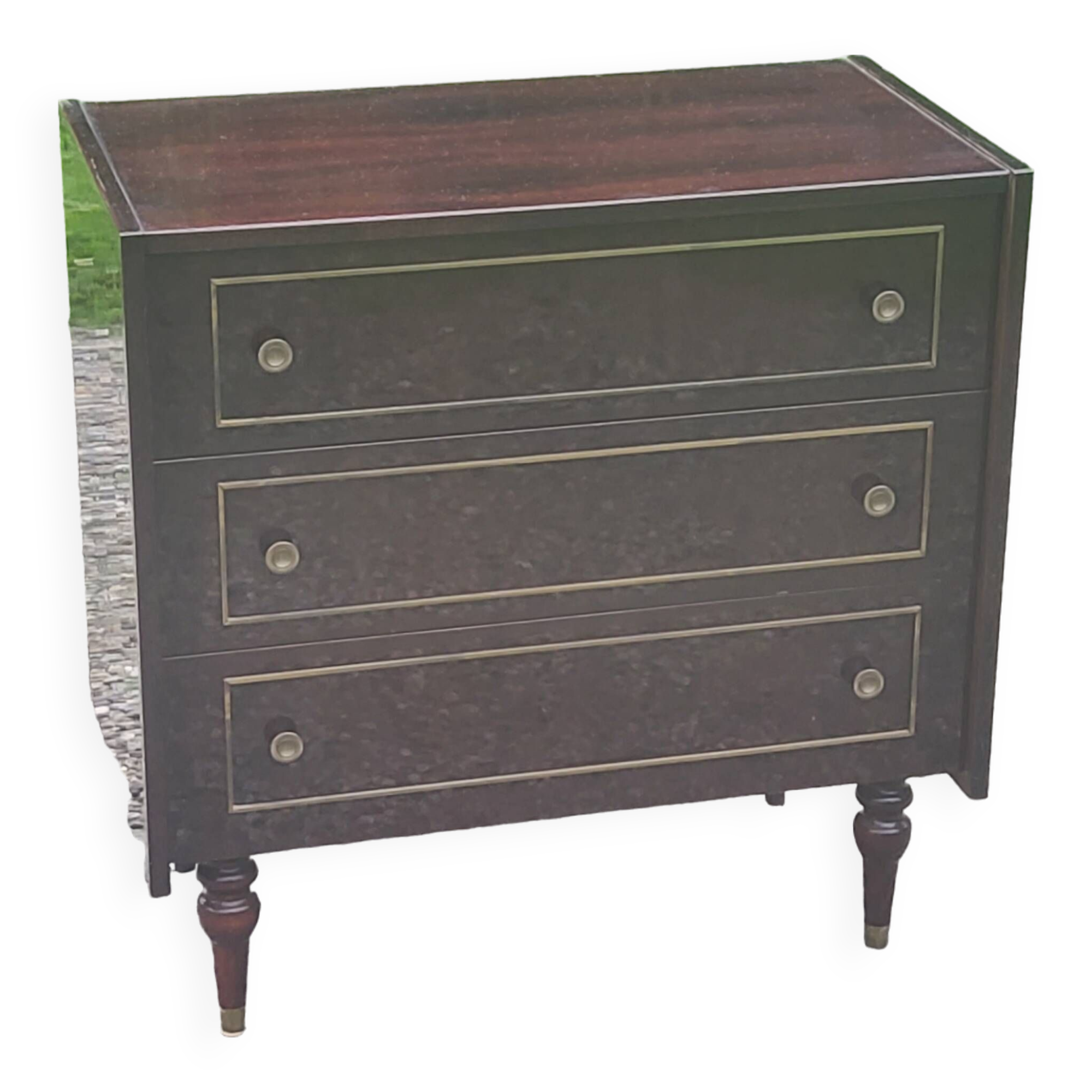 Vintage 3-drawer chest of drawers in dark varnished mahogany and brass from the 1960s