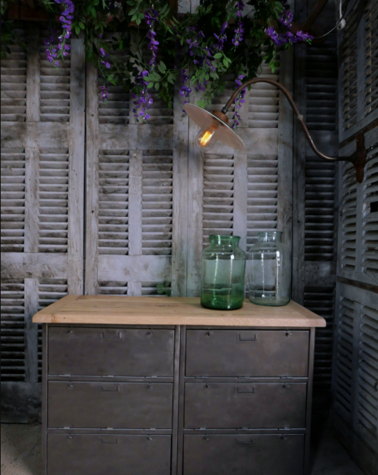 Military furniture metal console with wooden top and 6 drawers