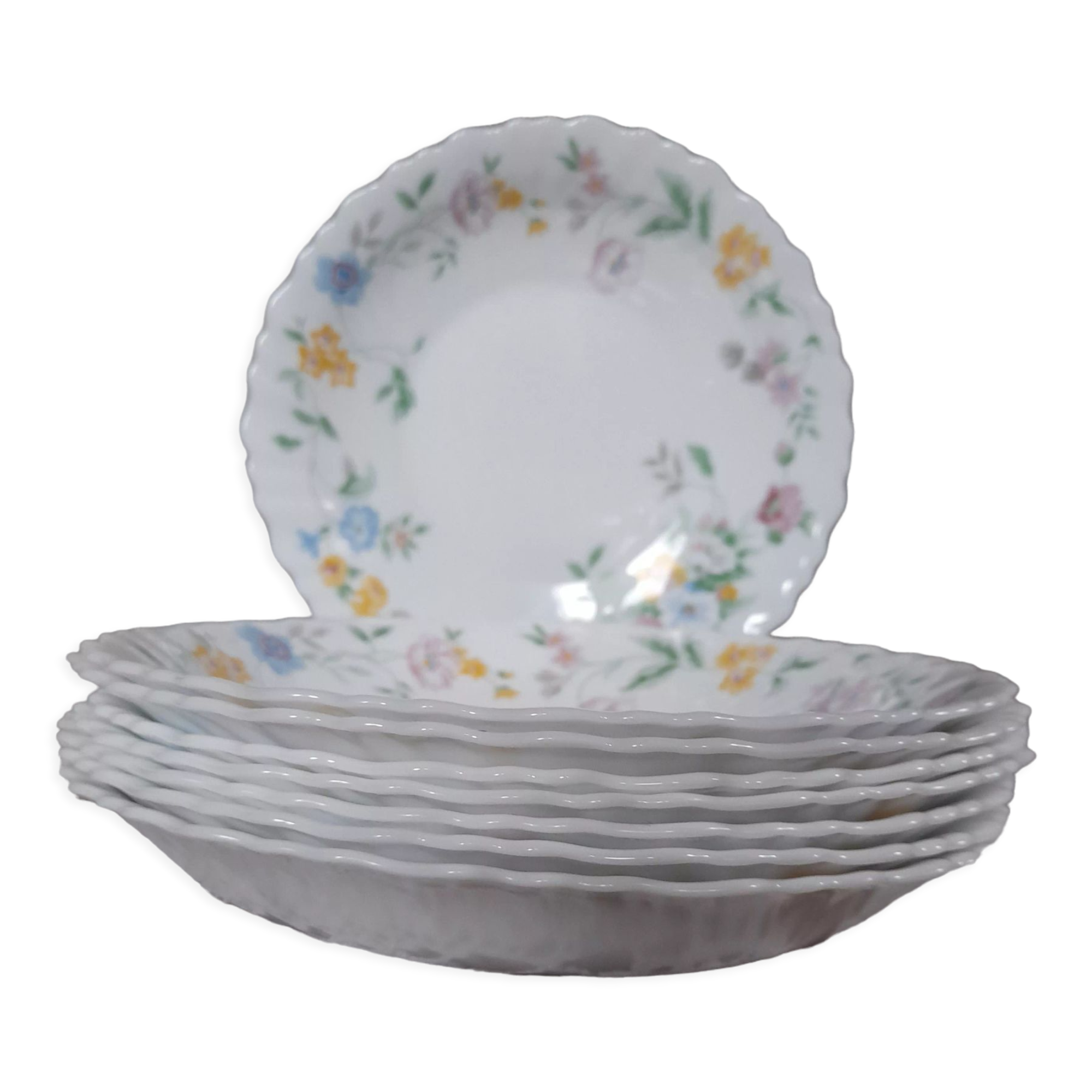 8 hollow plates flower pattern, festoon, model Hortense de Arcopal, vintage 1990