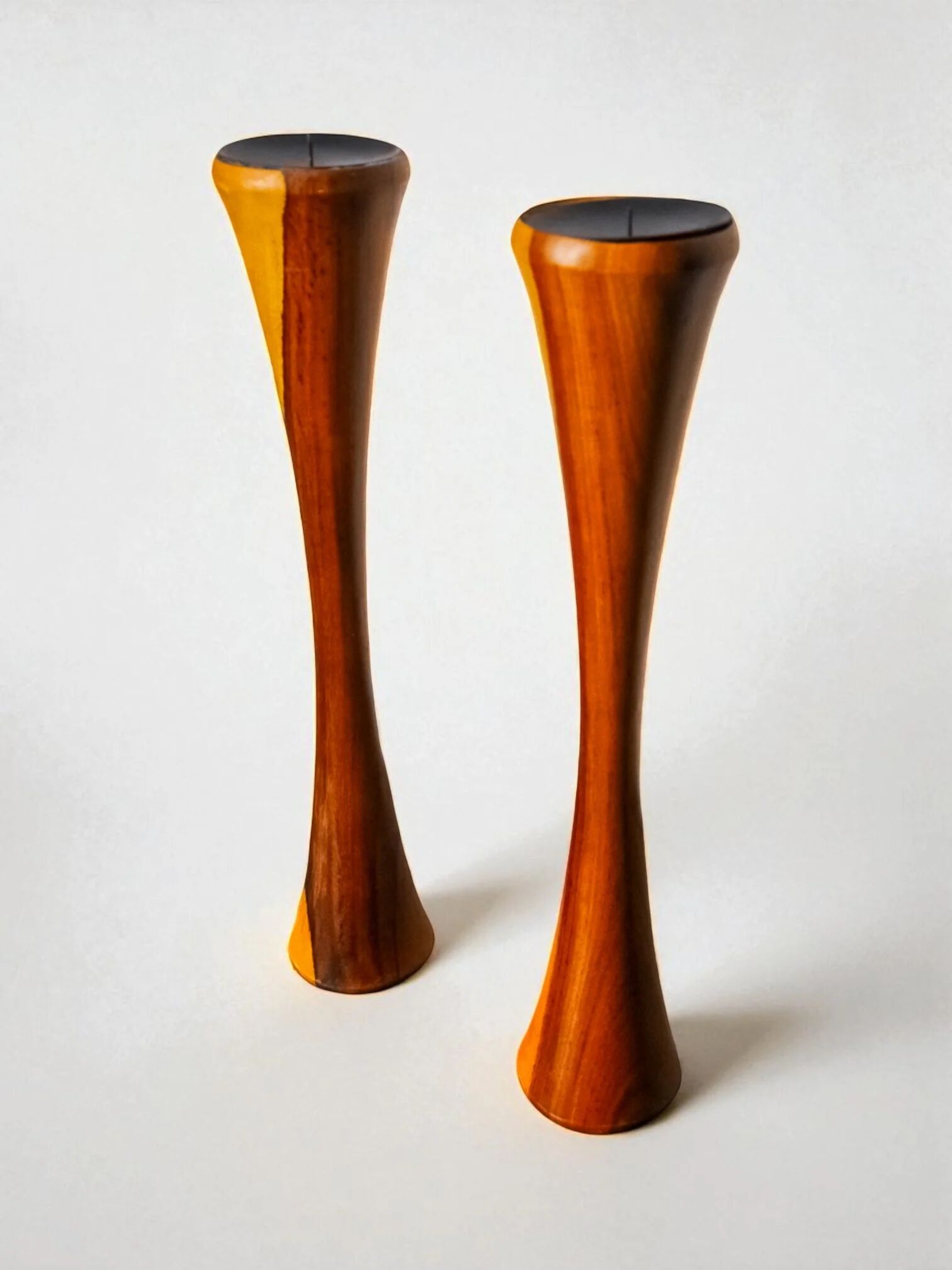 Pair of Scandinavian candleholders in wood, Denmark, 1980s