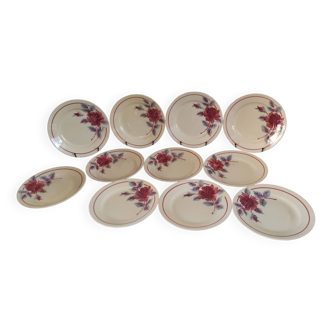 11 Assiettes plates, decor de fleur, Moulin des Loups et Hamage