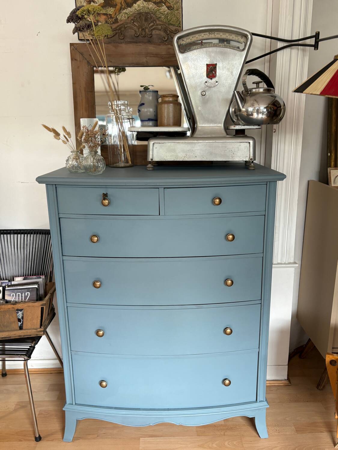 Antique blue zinc-coated chest of drawers