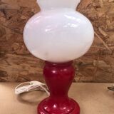 Paire Ancienne Lampe De Chevet Opaline Rouge & Blanc Années 70 Vintage #A982