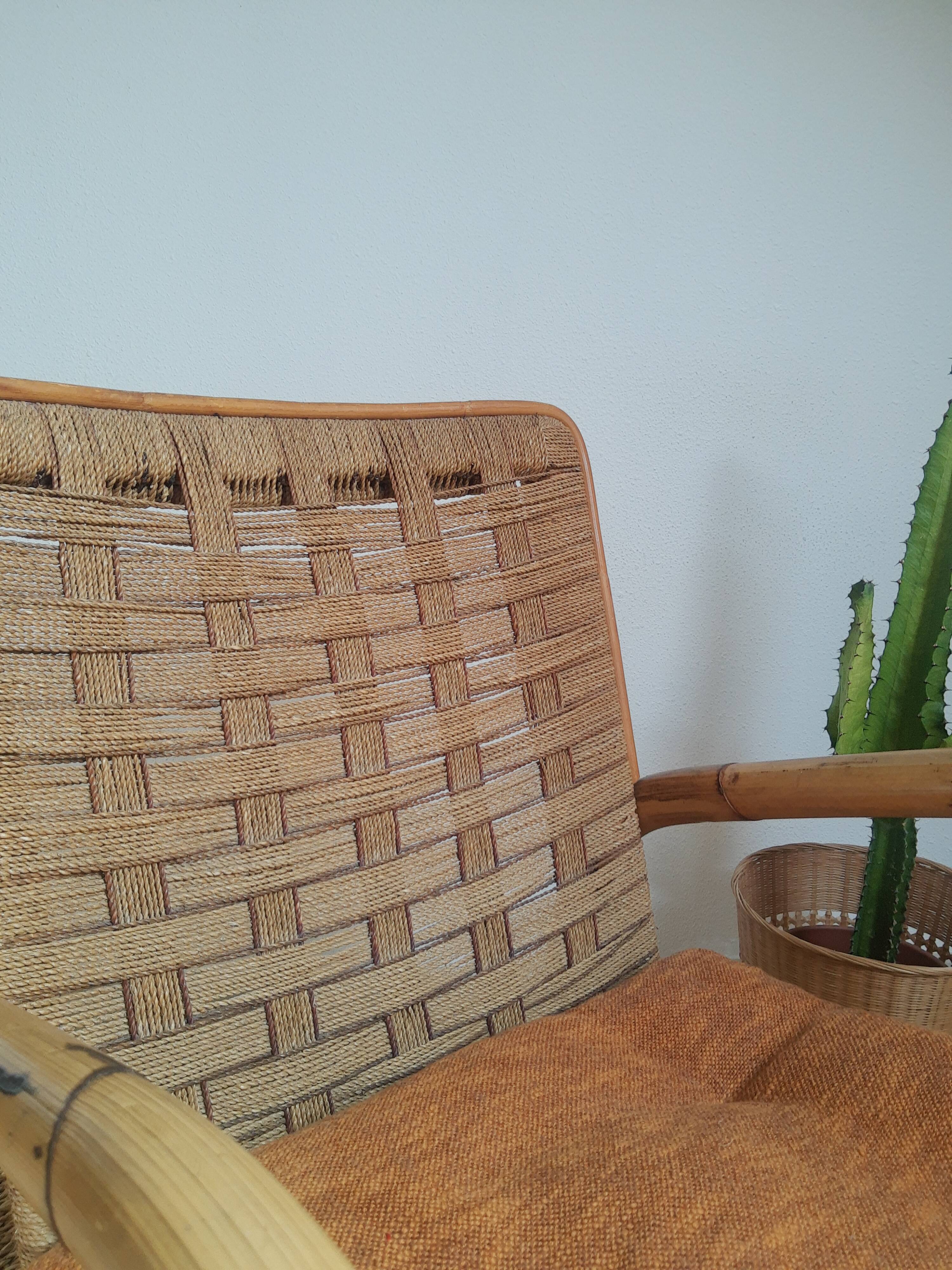 Vintage rattan and braided rope armchair