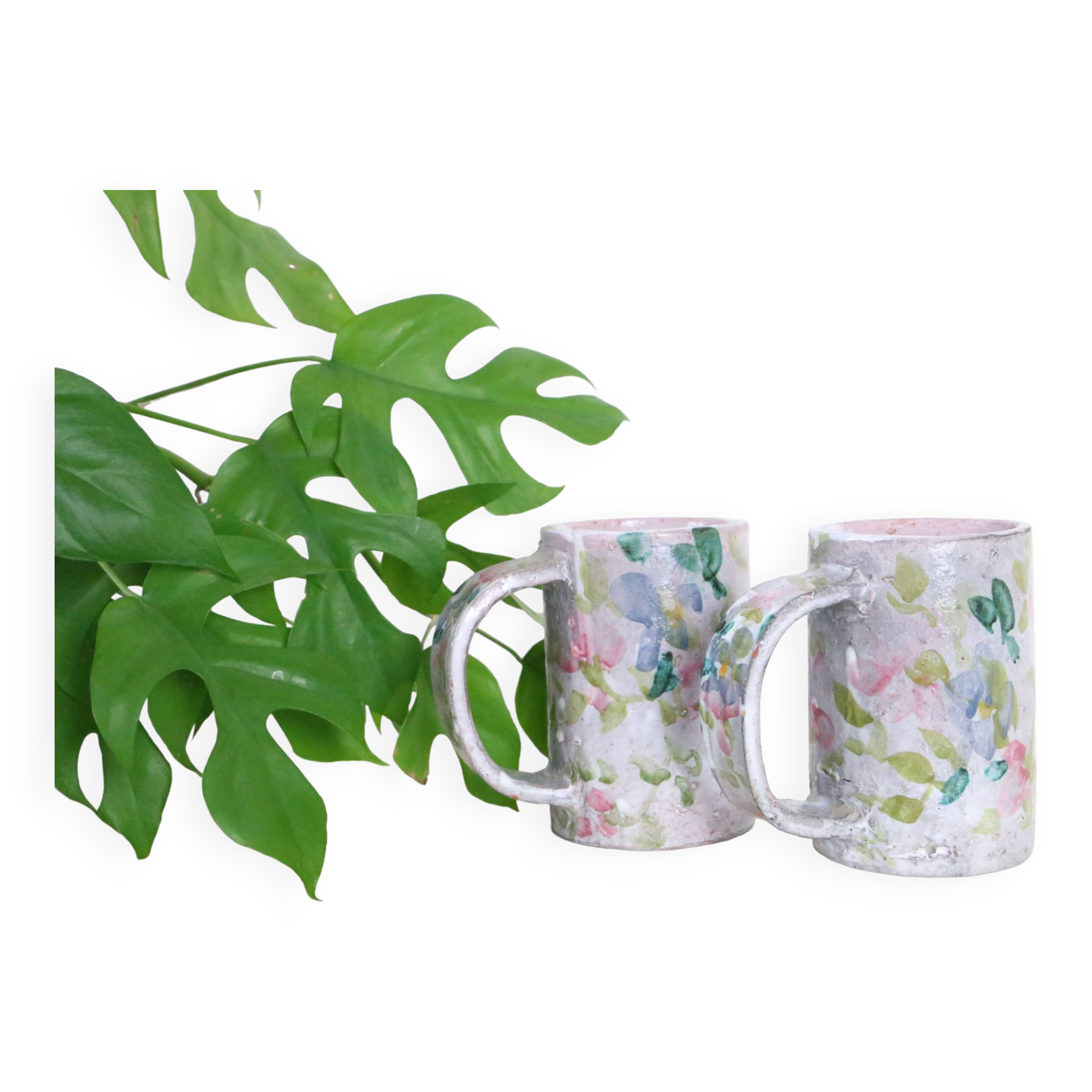 Set of 2 stoneware mugs, artisanal pottery, 1980