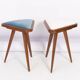 Set of two triangular stools in blue and white velvet from the 20th century.