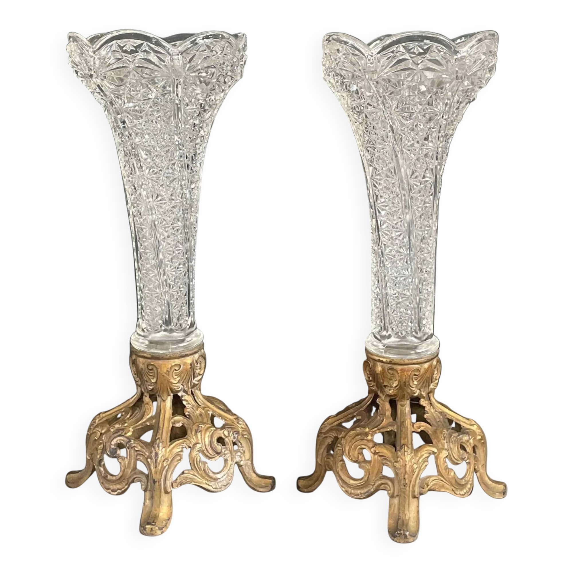 Pair of candlesticks in spelter and moulded glass