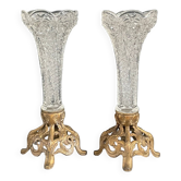 Pair of candlesticks in spelter and moulded glass