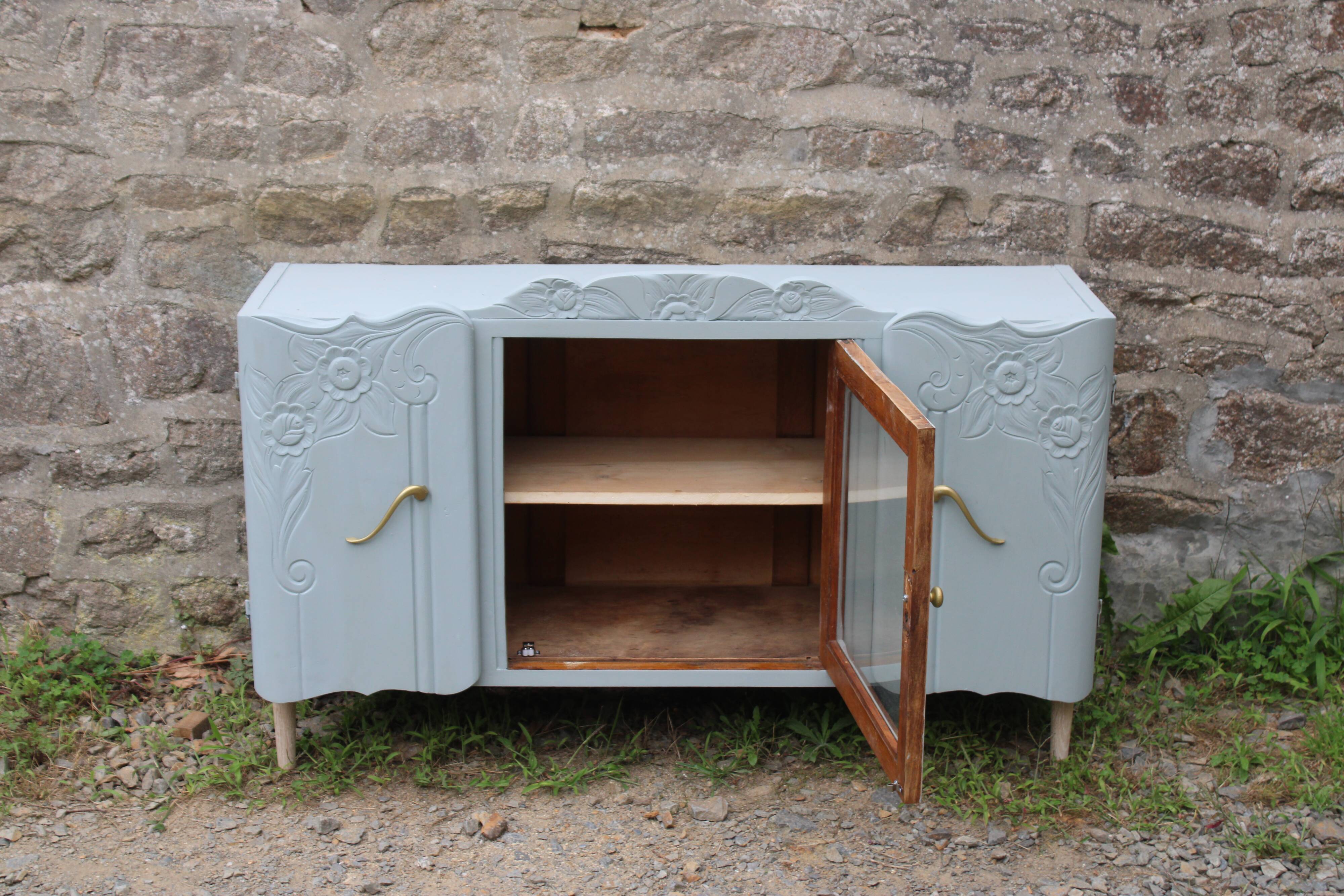 Renovated vintage low sideboard - Unique piece of furniture with floral moldings