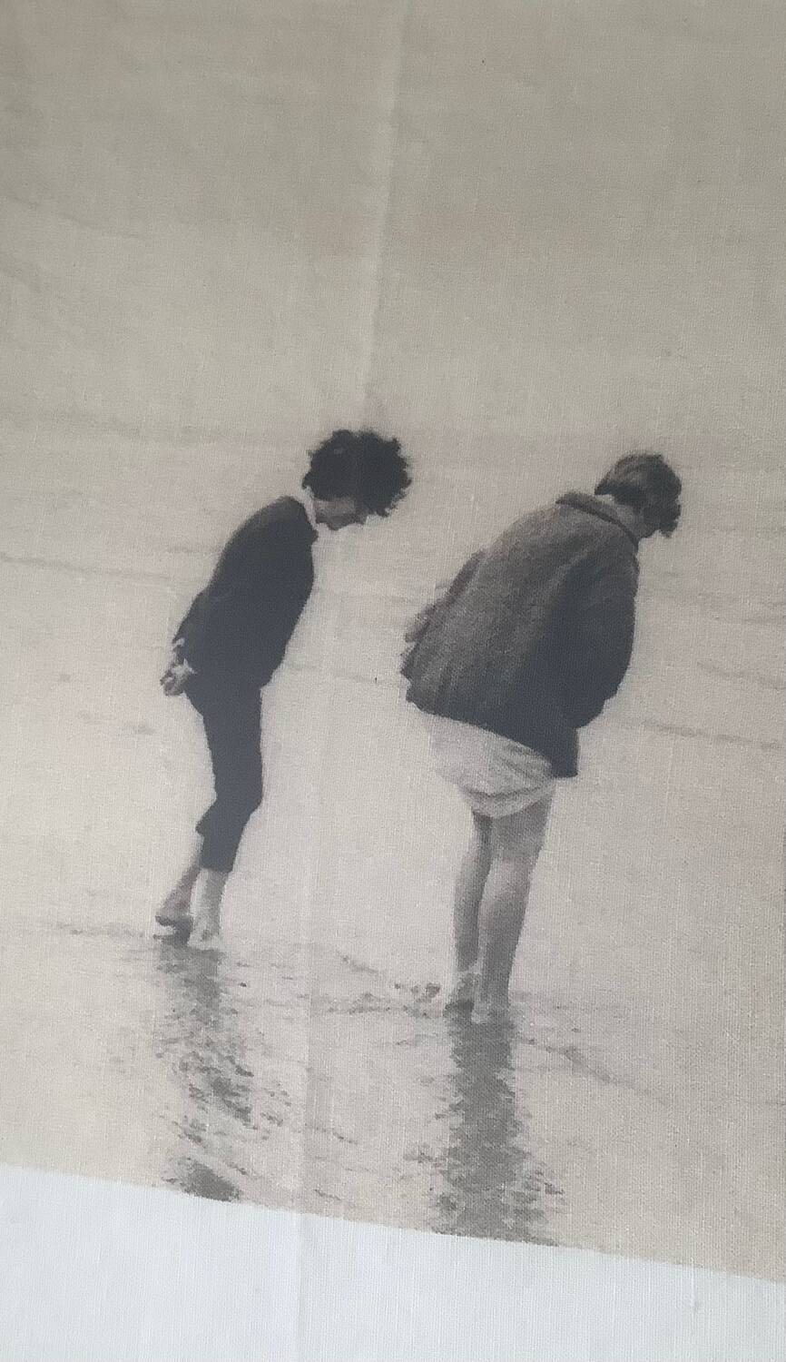 Black and white photo on fabric, framed