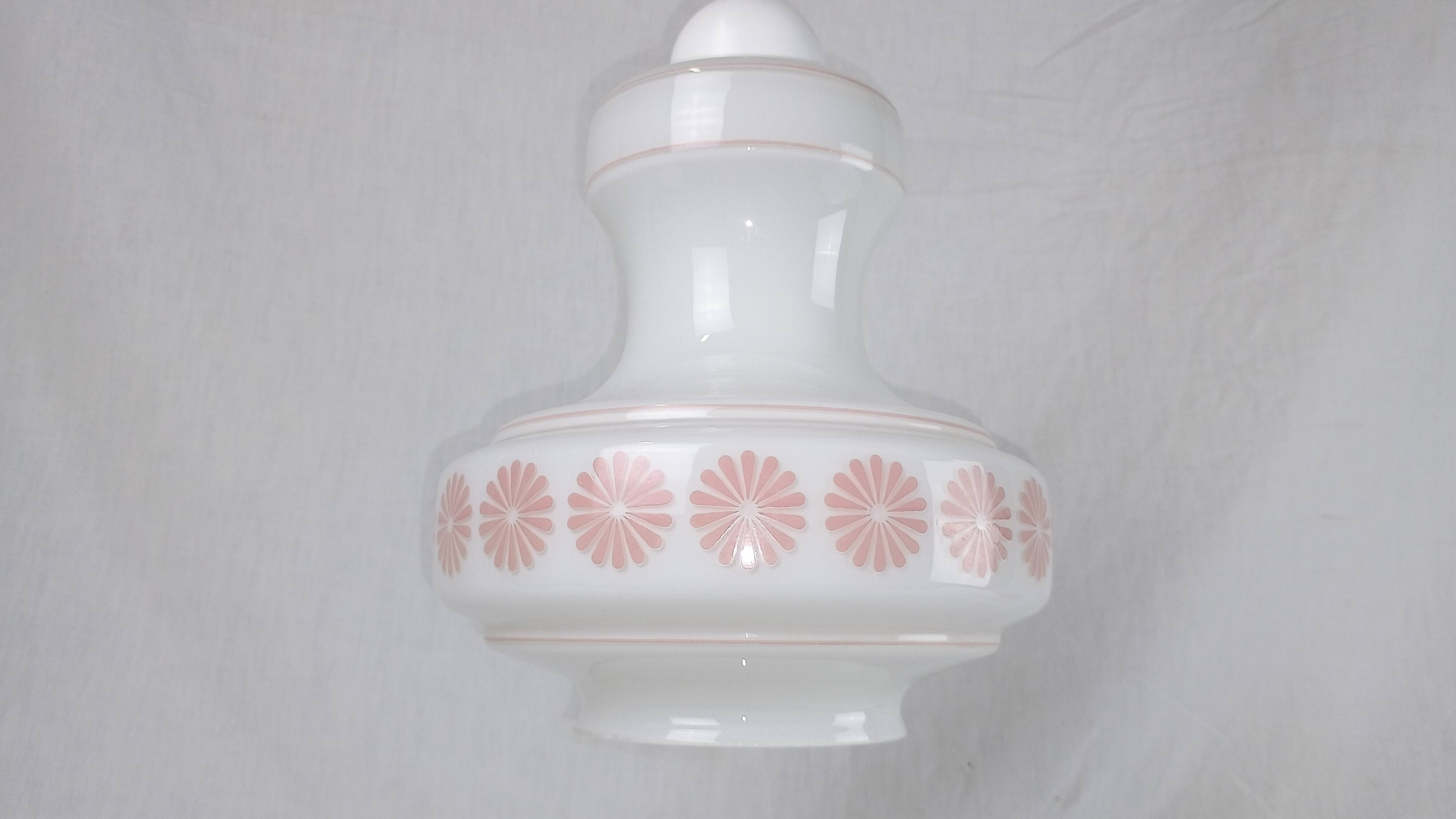 Vintage French pendant light in cream-white glass with pink flowers